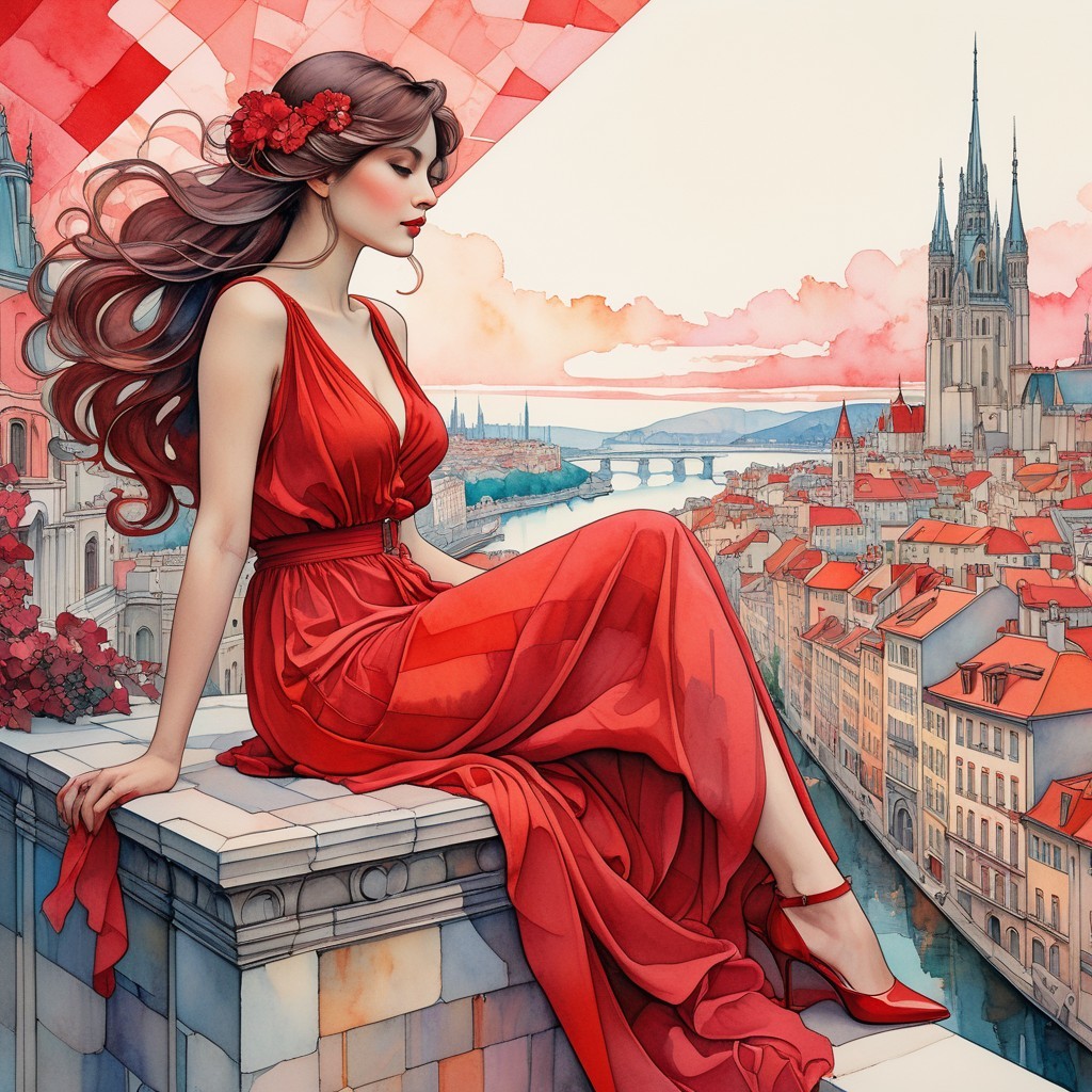 Serene Woman in Red Gown Overlooking Cityscape