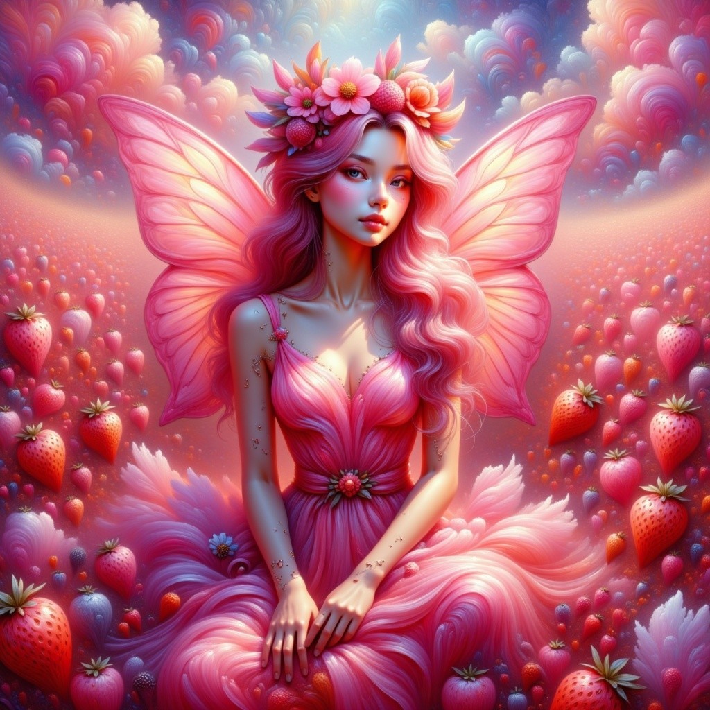 Digital Art of a Pink-Haired Fairy in a Strawberry Field