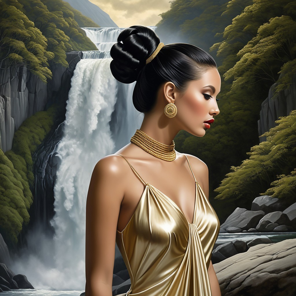 Elegant Woman by Majestic Waterfall in Gold Attire