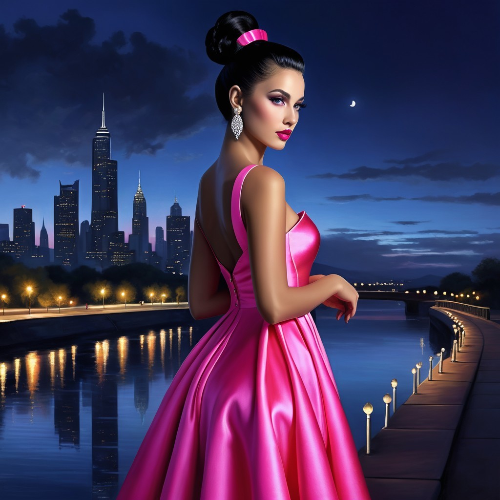 Elegant woman in pink gown by serene river at dusk
