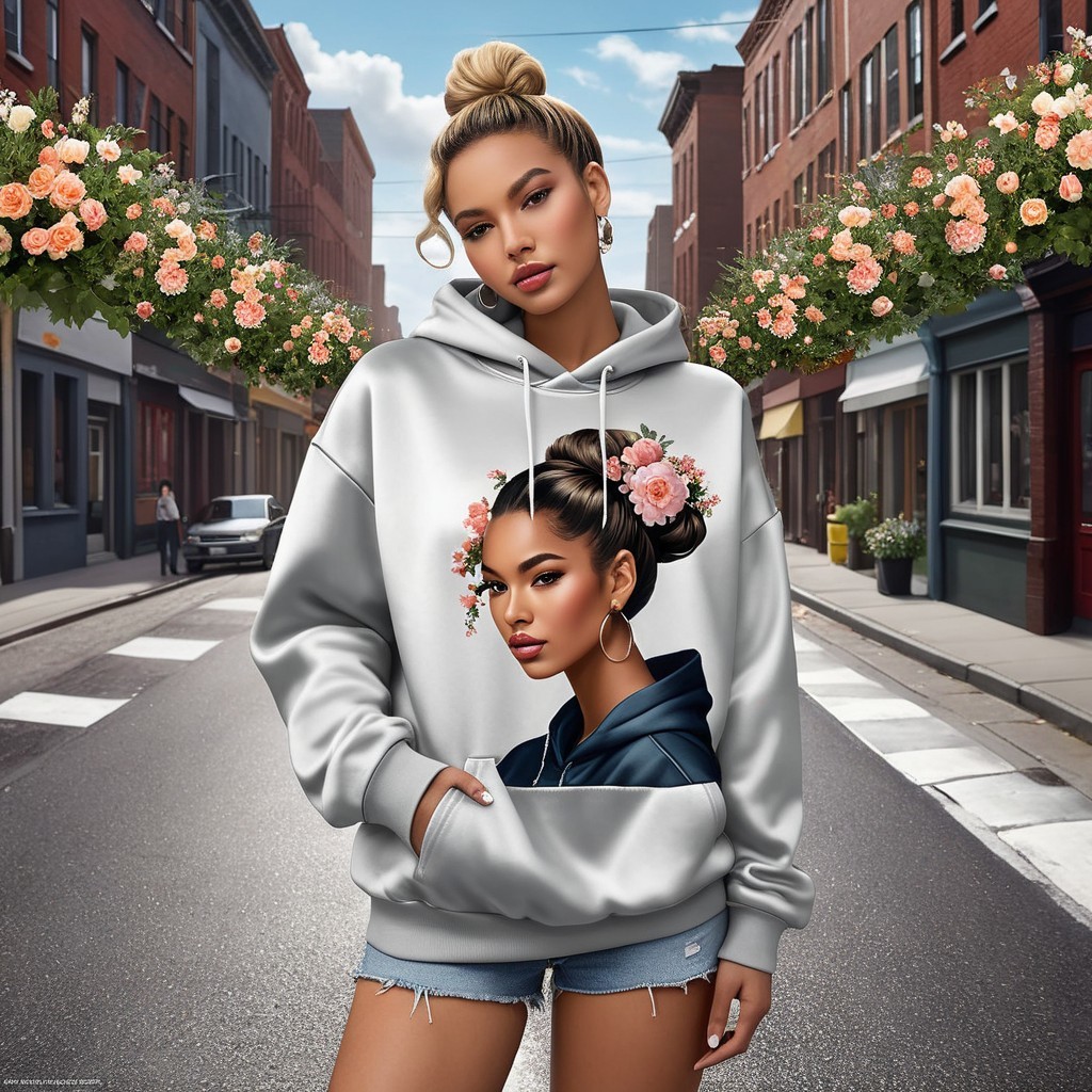 Young Woman in Oversized Hoodie in Charming Street Scene