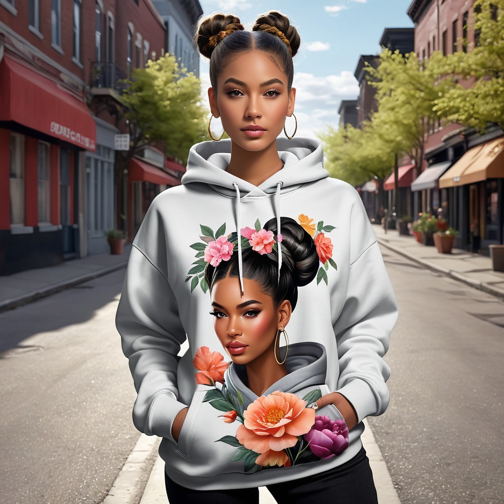 Young woman in stylish hoodie on vibrant street scene
