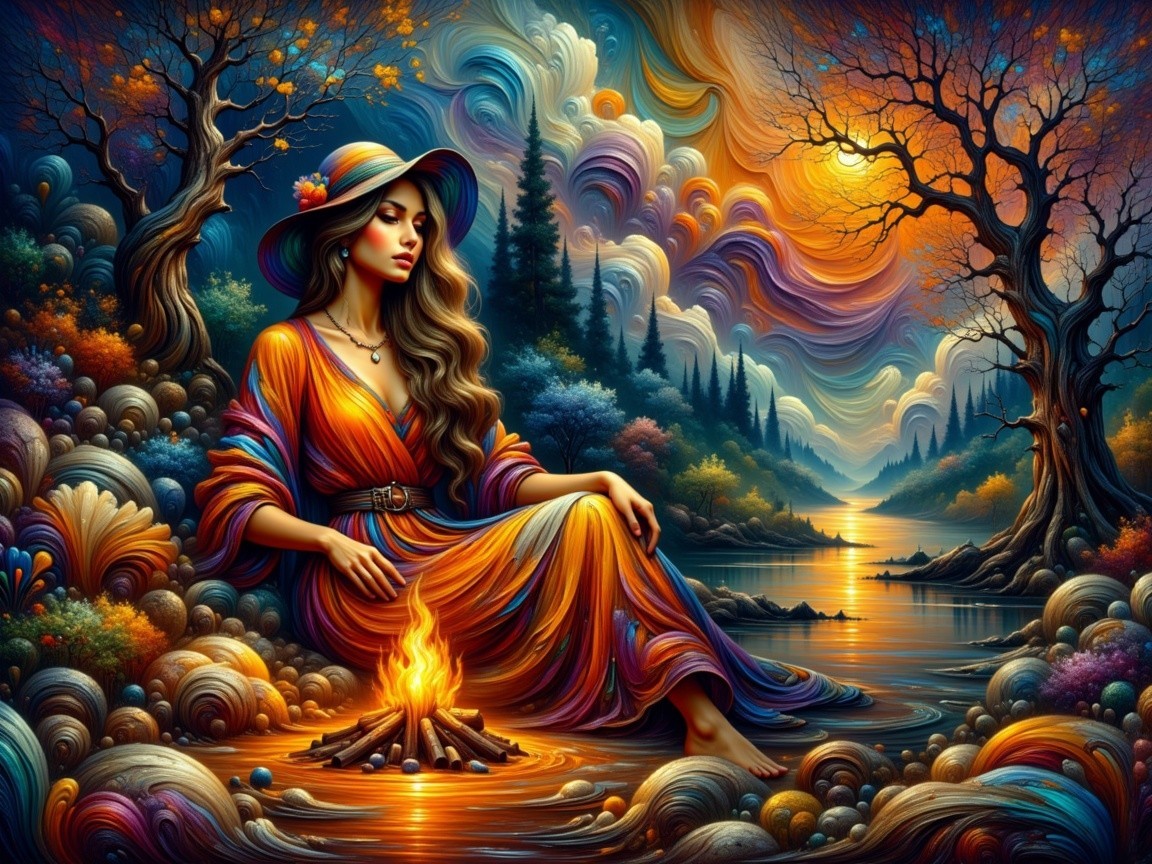 Young Woman by Campfire in Colorful Landscape