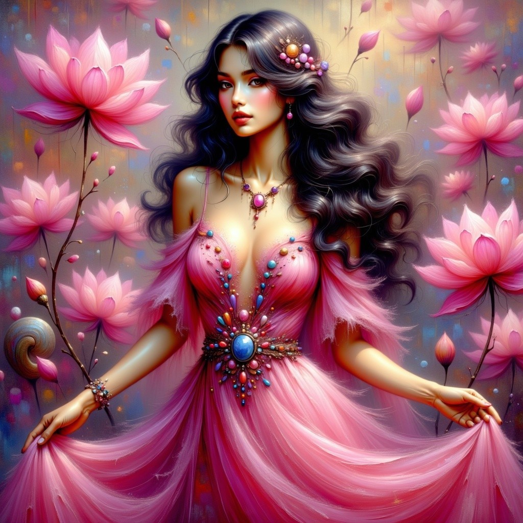 Young woman in gown among blooming pink lotus flowers