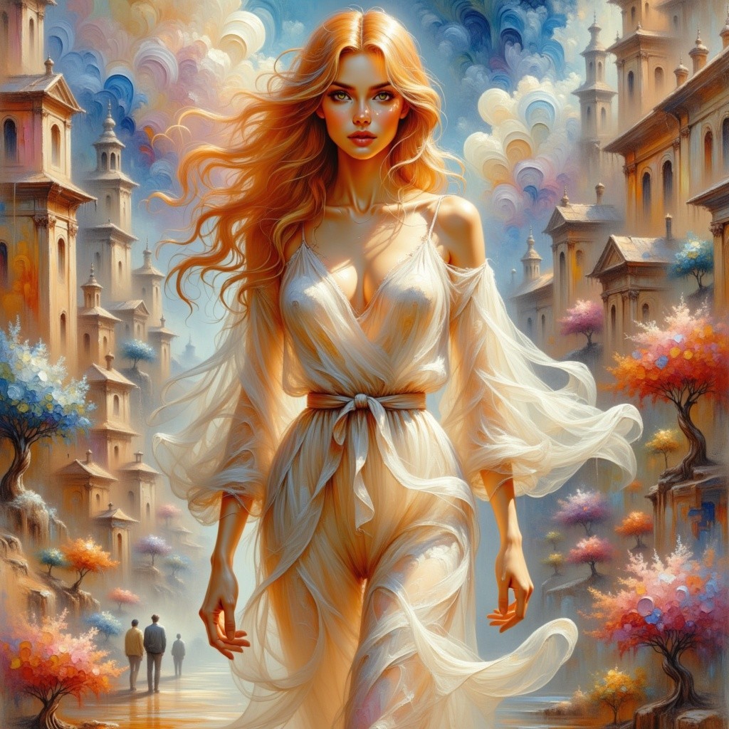 Young blonde woman in sheer dress near whimsical city