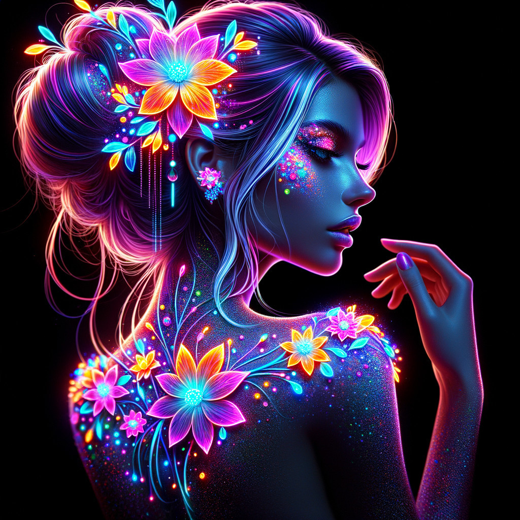 Side Profile of Woman with Vibrant Floral Patterns