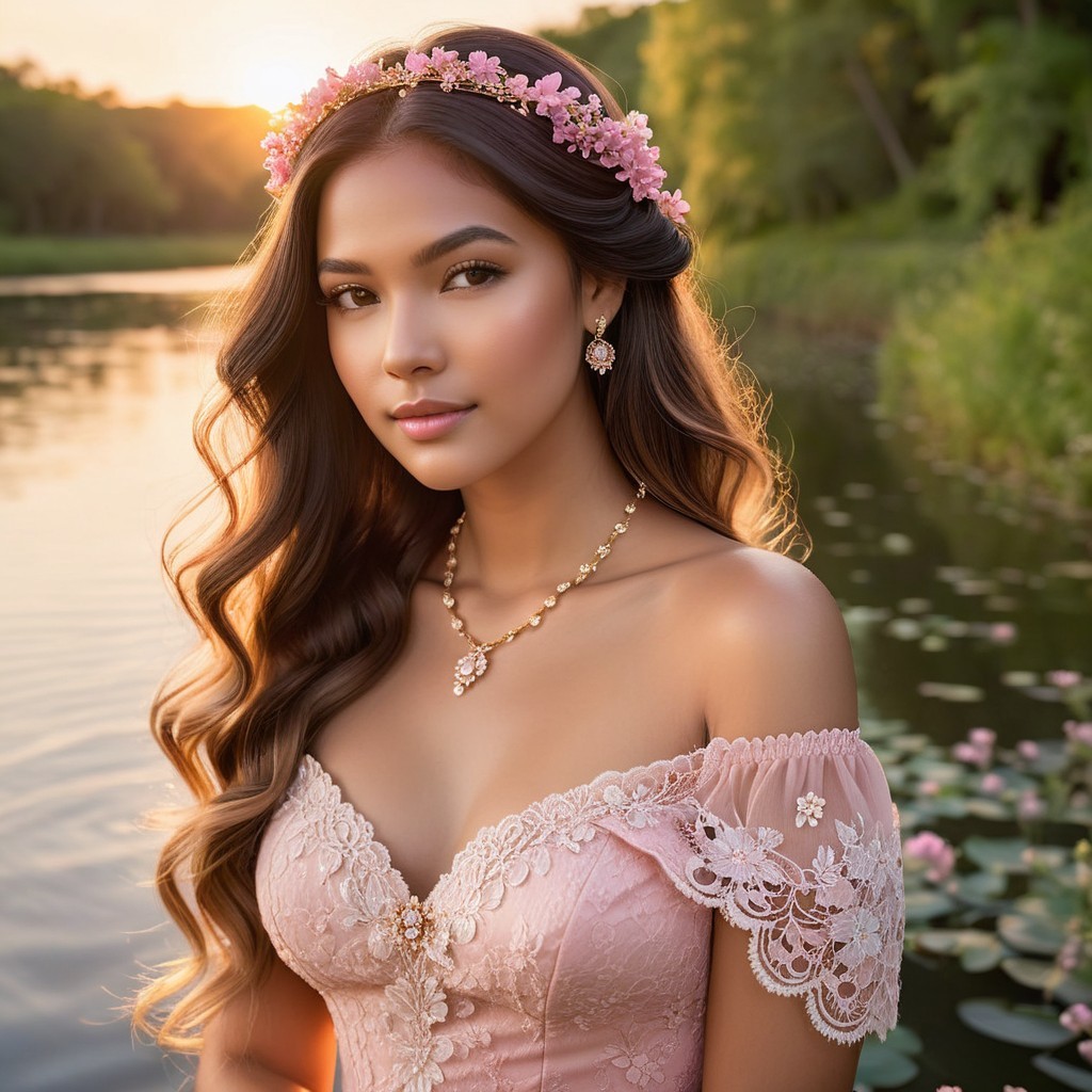Young Woman in Pink Dress by Tranquil Sunset River