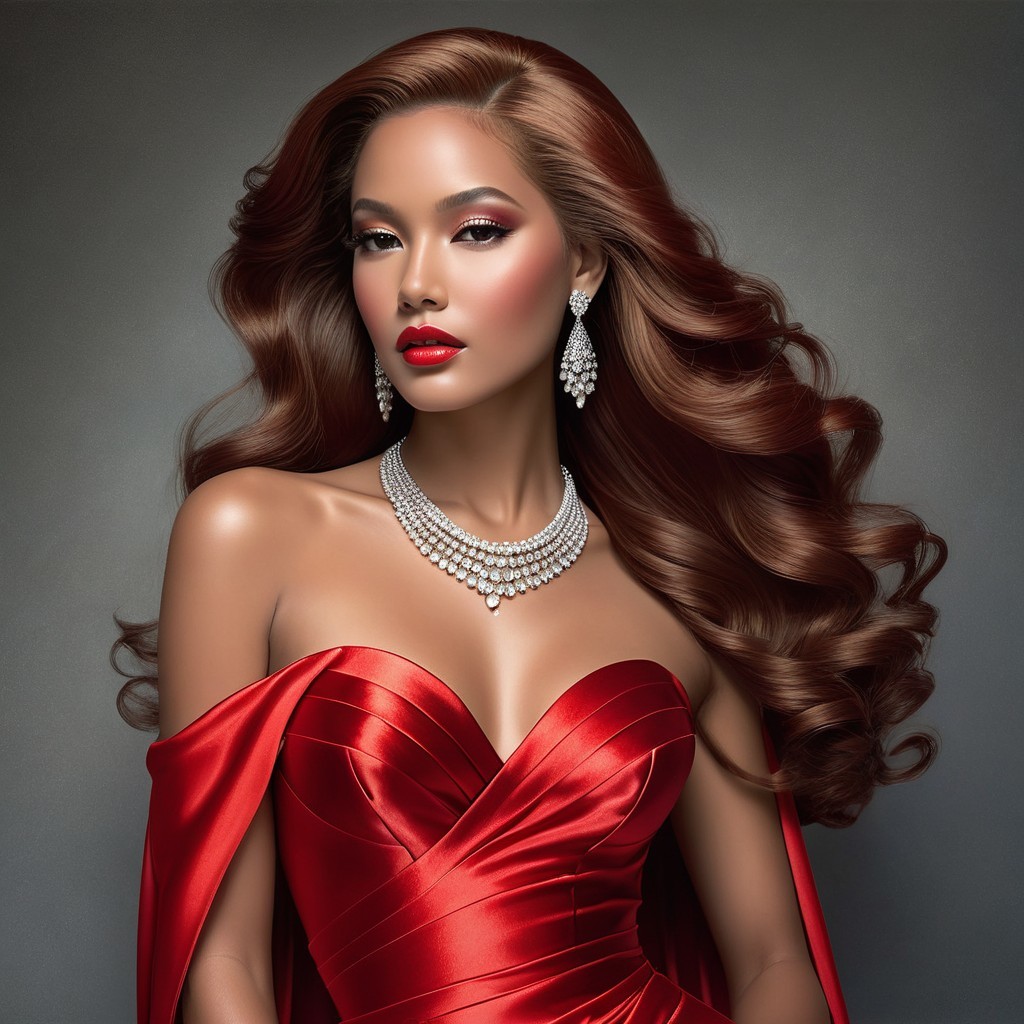 Elegant Woman in Red Satin Gown with Auburn Hair