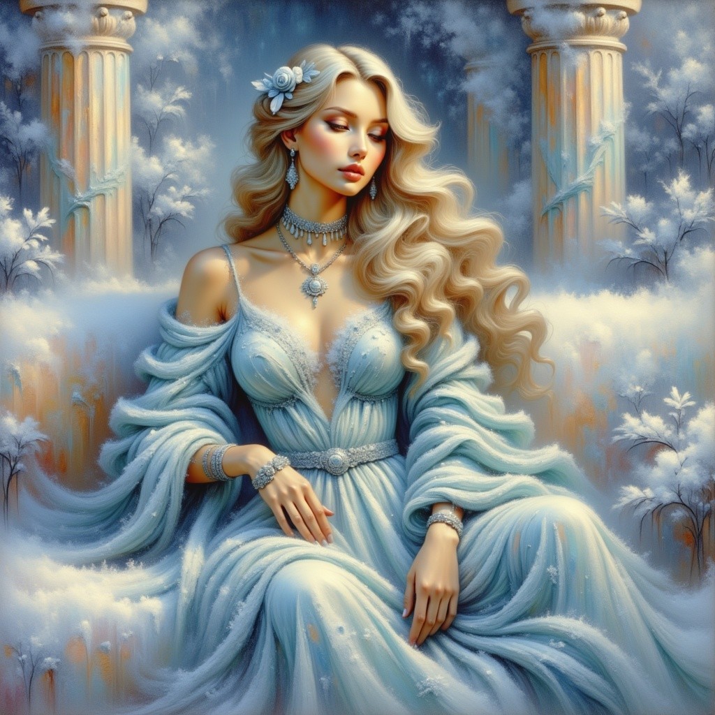 Serene Figure in Light Blue Gown in Winter Scene