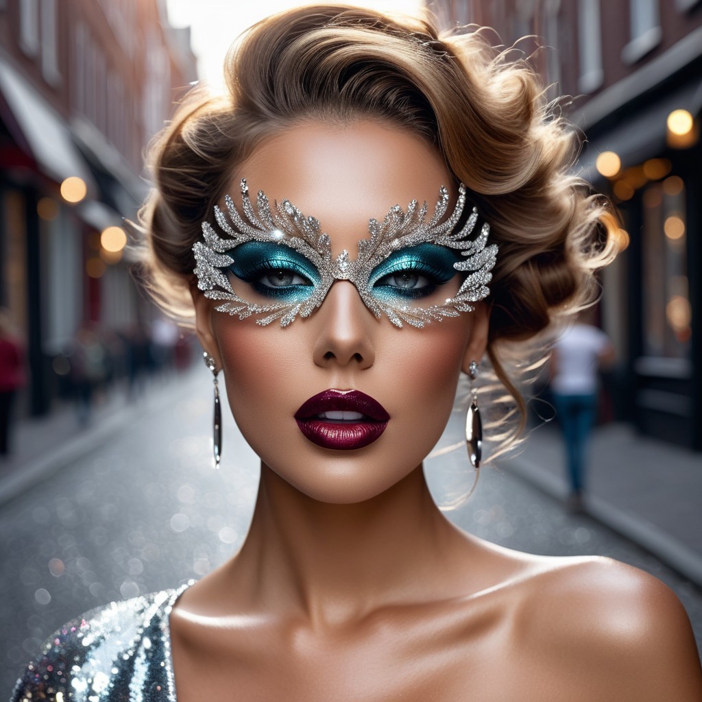 Glamorous Woman in Feathered Mask on Cobblestone Street