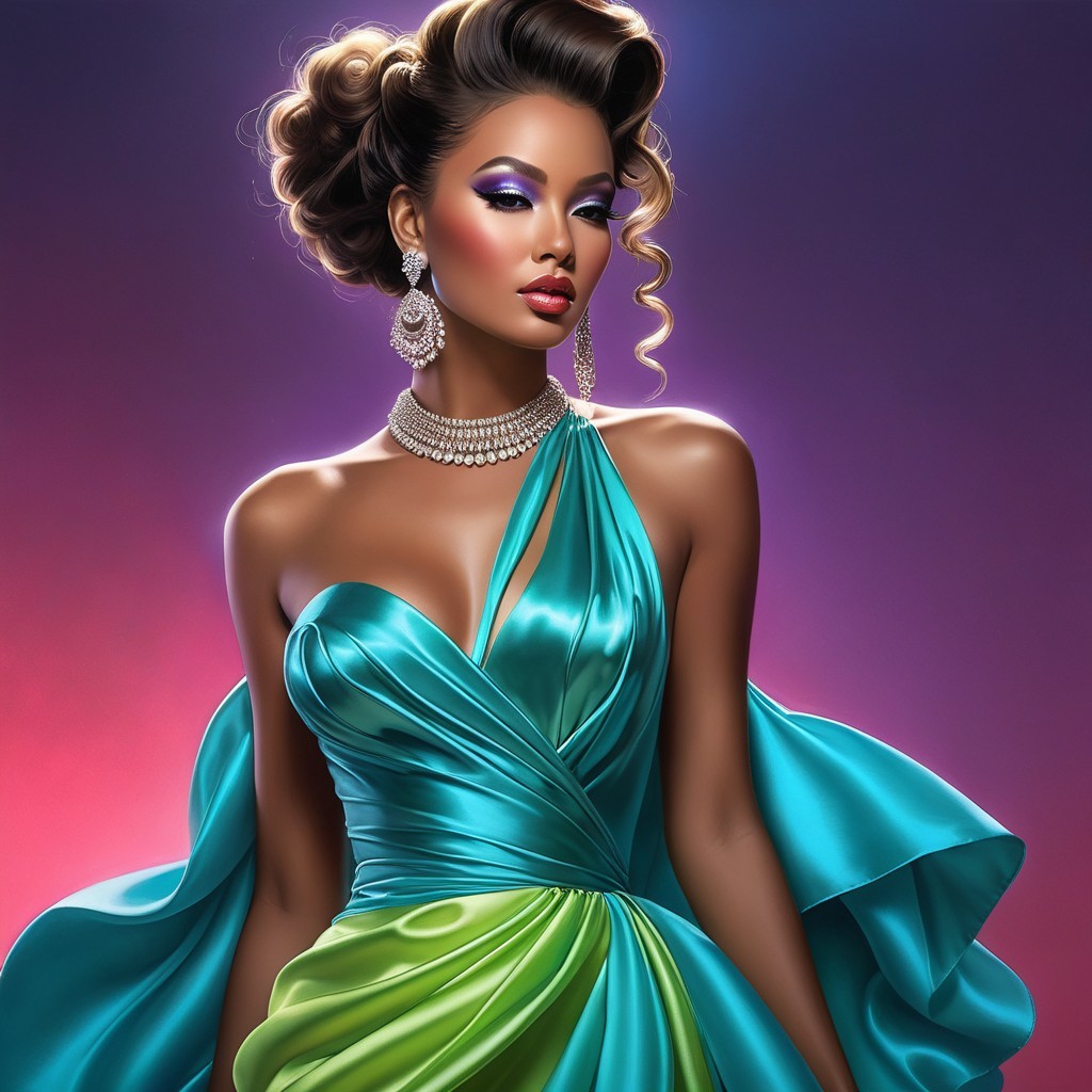 Elegant Woman in Vibrant Teal to Green Dress