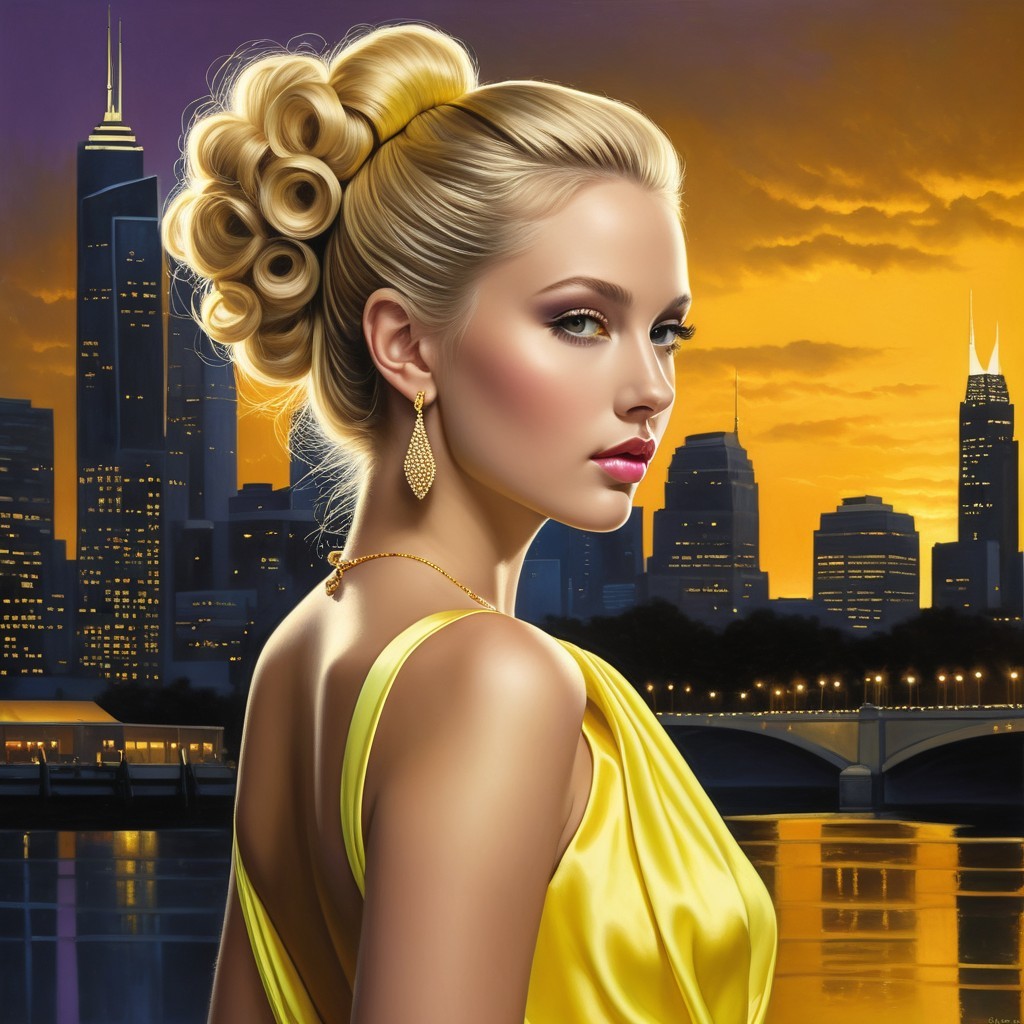 Glamorous Woman in Yellow Gown Against Sunset Skyline