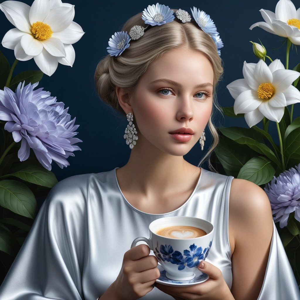 Young woman in silver outfit with floral backdrop