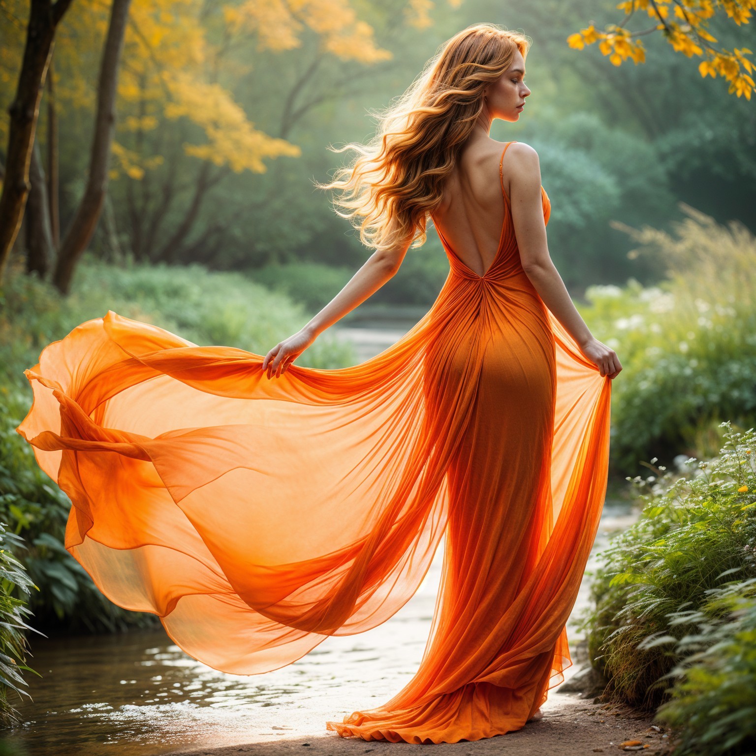 Woman in Orange Dress by a Serene River
