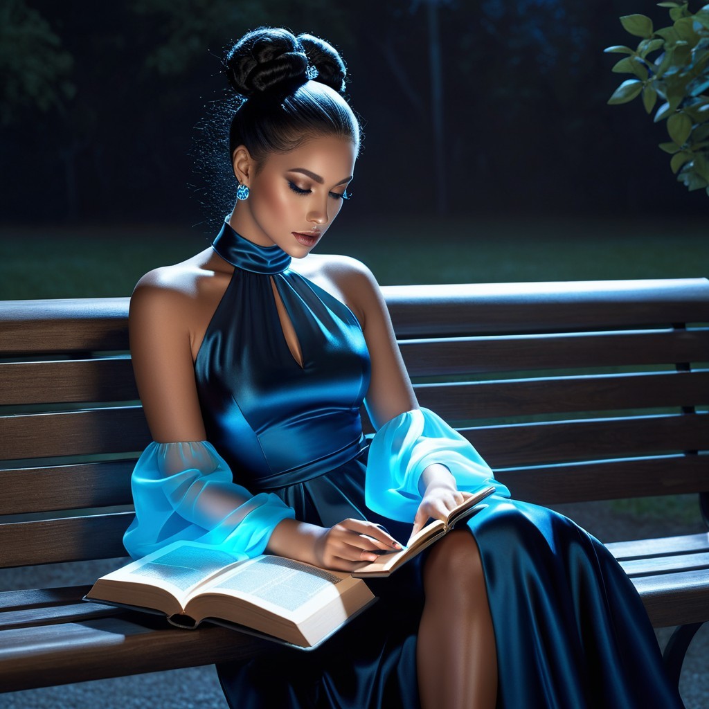 Young woman in blue gown reading on park bench