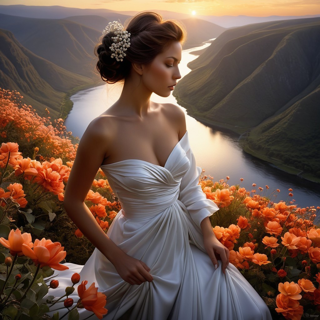 Serene Bride in White Gown at Sunset Landscape