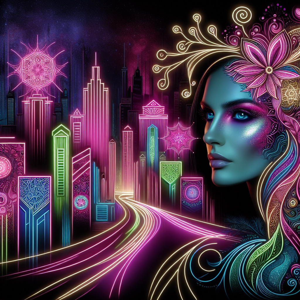 Neon Cityscape with Floral Patterns on Woman's Face