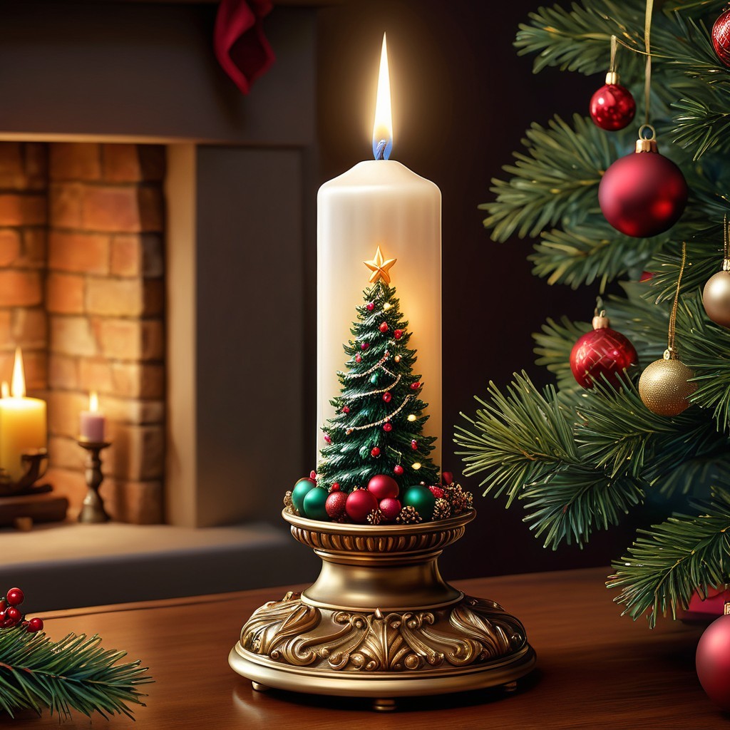 Christmas Candle with Tree Design and Cozy Fireplace