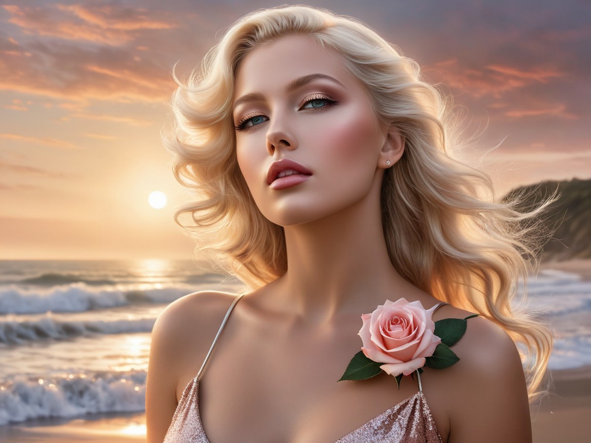 Woman in Sparkling Dress at Serene Beach Sunset