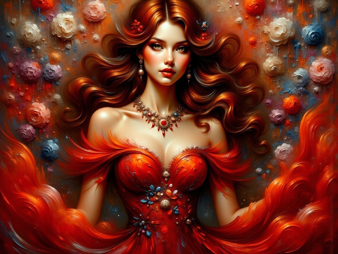 Stunning Woman in Red Gown Among Colorful Roses