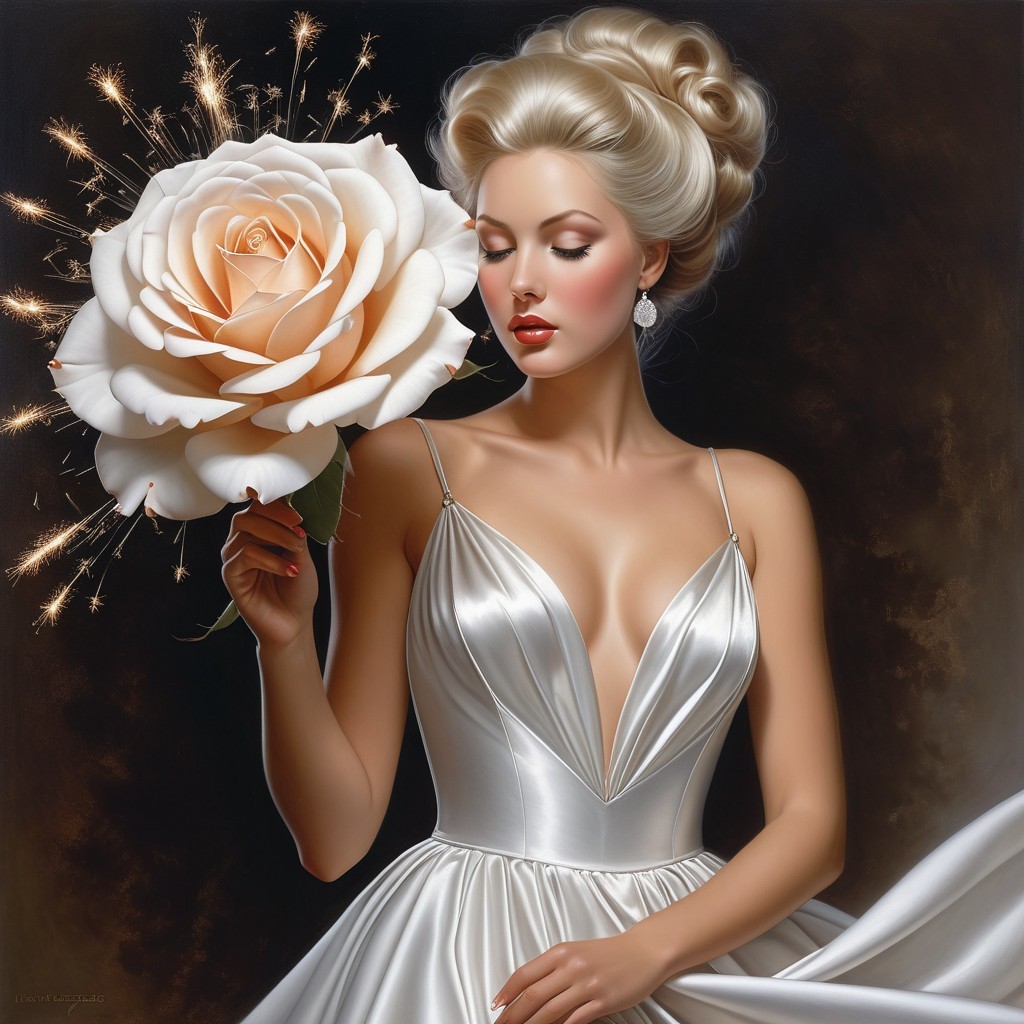 Glamorous Woman in White Gown with Rose in Dark Setting