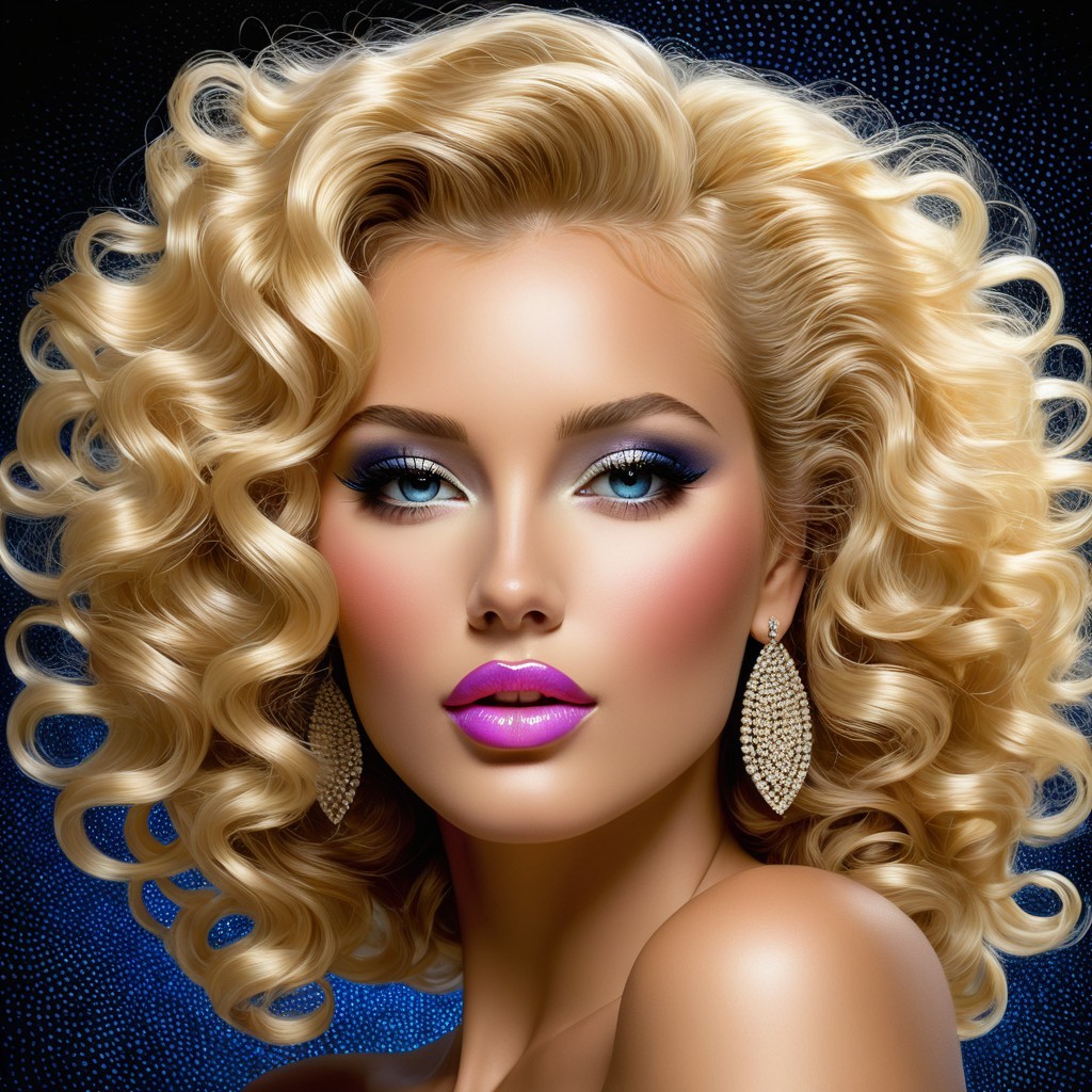 Stunning Woman with Curly Blonde Hair and Bold Makeup