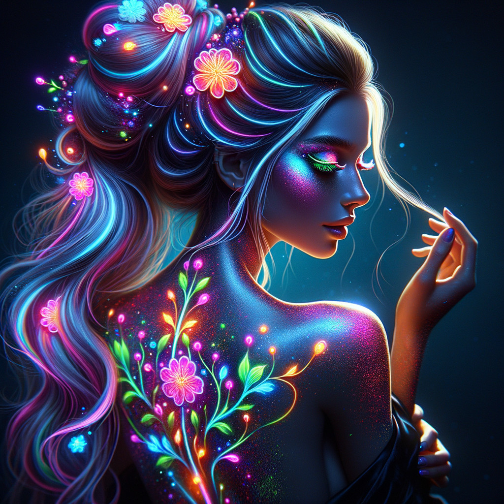 Portrait of a woman with colorful hair and floral accents