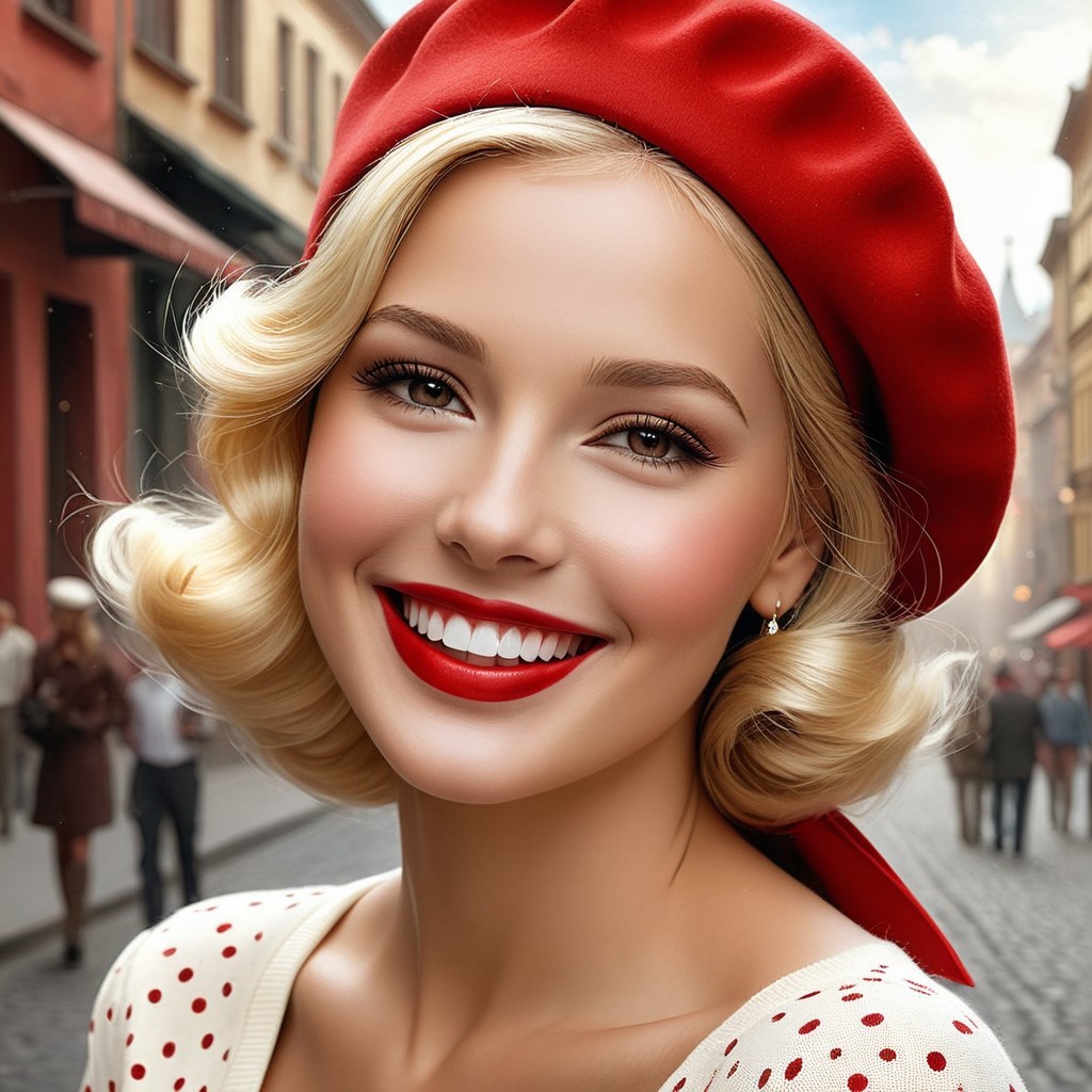 Cheerful woman in red beret on a bustling street