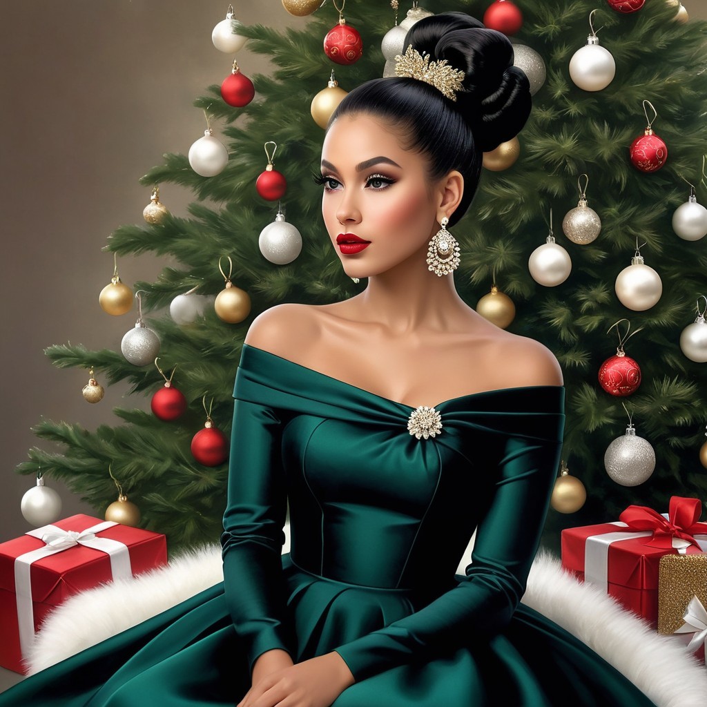 Elegant Woman in Emerald Gown by Christmas Tree