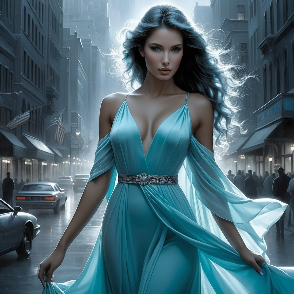 Confident Woman in Aqua Gown Against Urban Backdrop