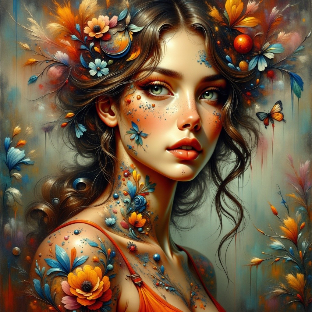 Portrait of a woman with floral patterns and butterflies