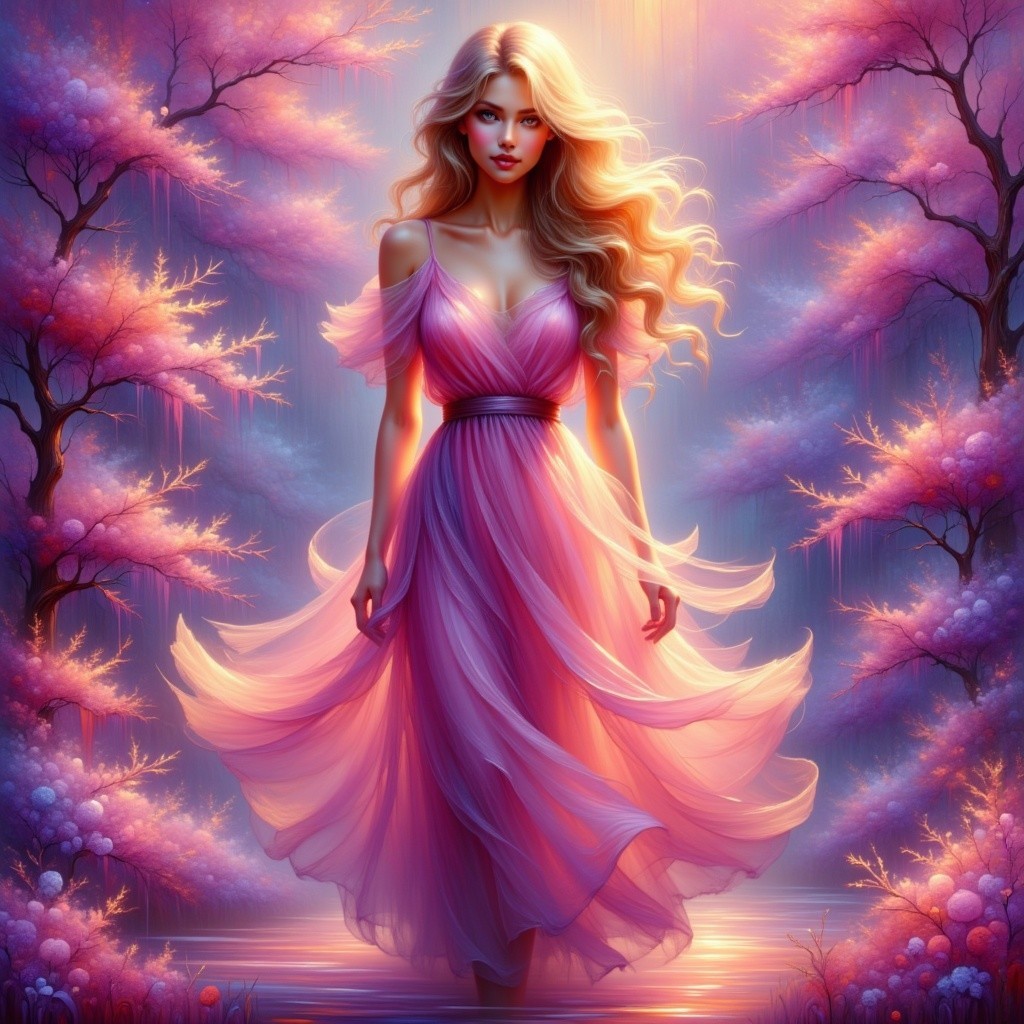 Enchanting Landscape with Woman in Pink Dress