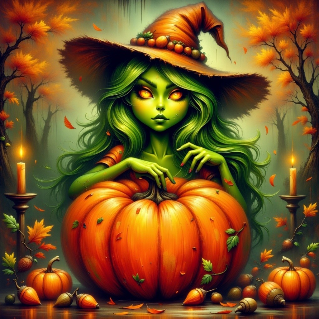 Whimsical Witch in Pumpkin Surrounded by Autumn Leaves