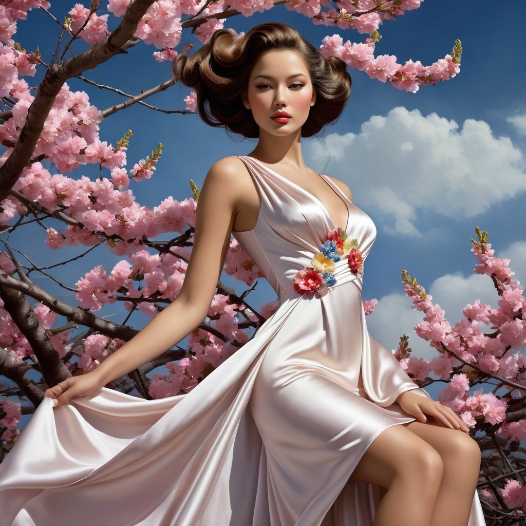 Model in Satin Gown Among Cherry Blossoms and Blue Sky