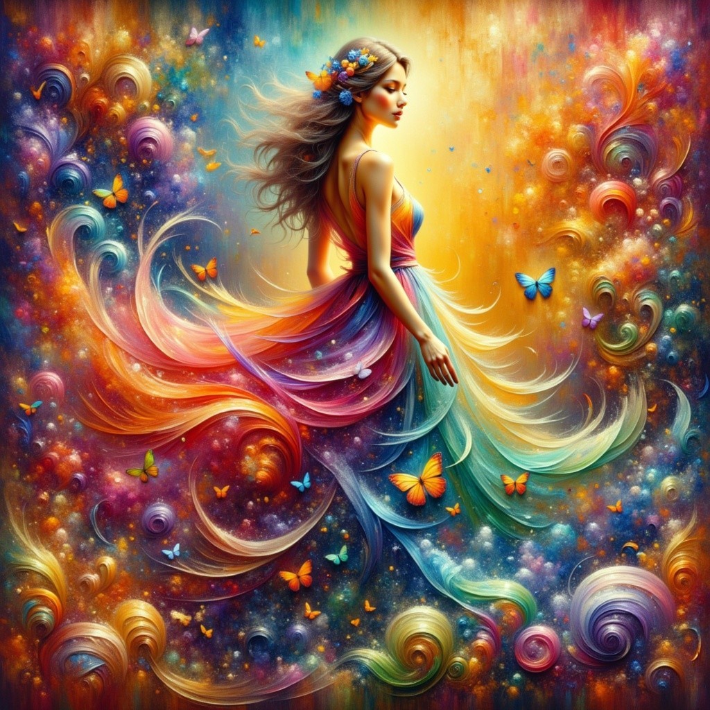 Woman with Long Brown Hair Against Rainbow Background