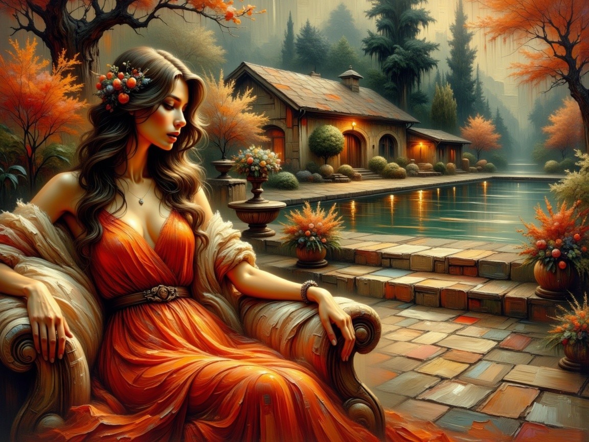 Woman in Orange Dress Surrounded by Autumn Beauty