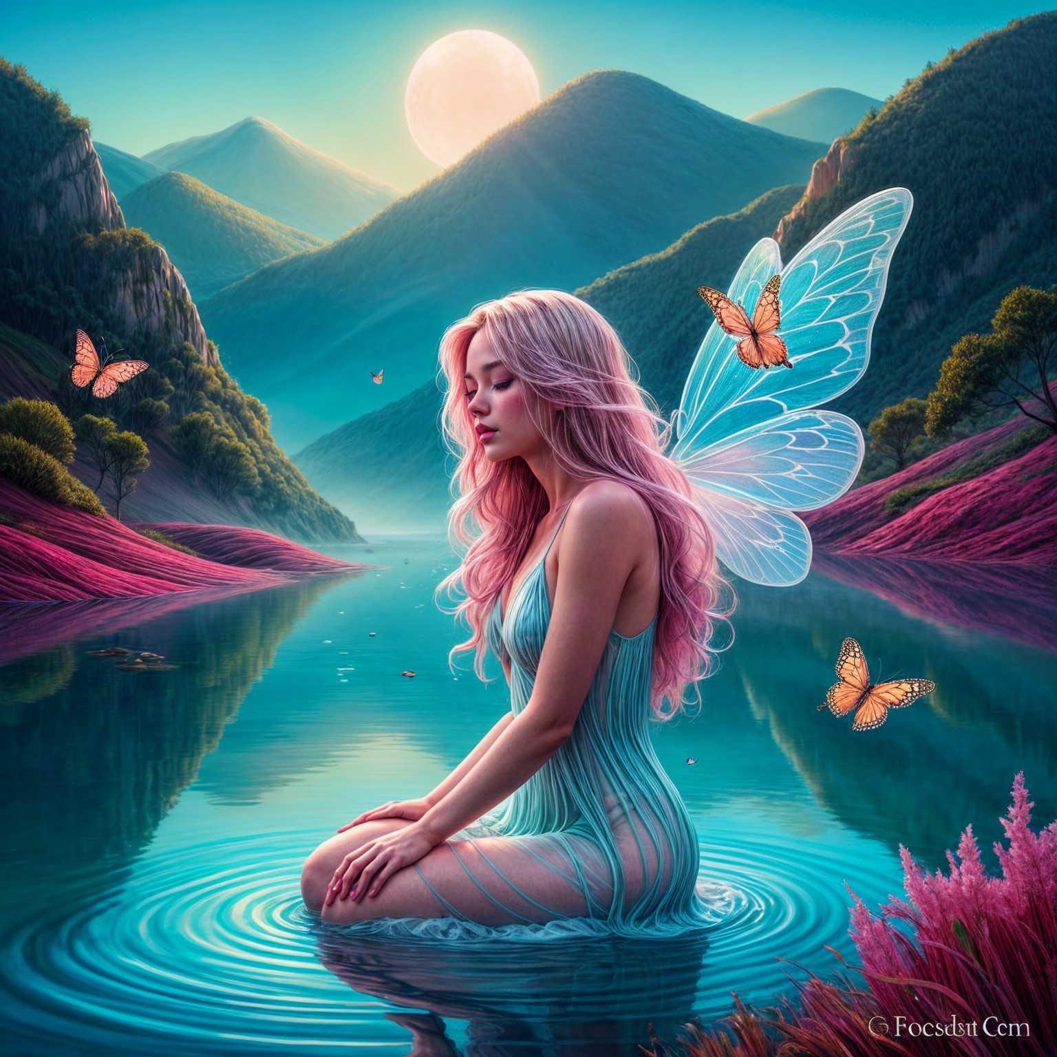 Young Woman with Wings in Tranquil Lake Landscape