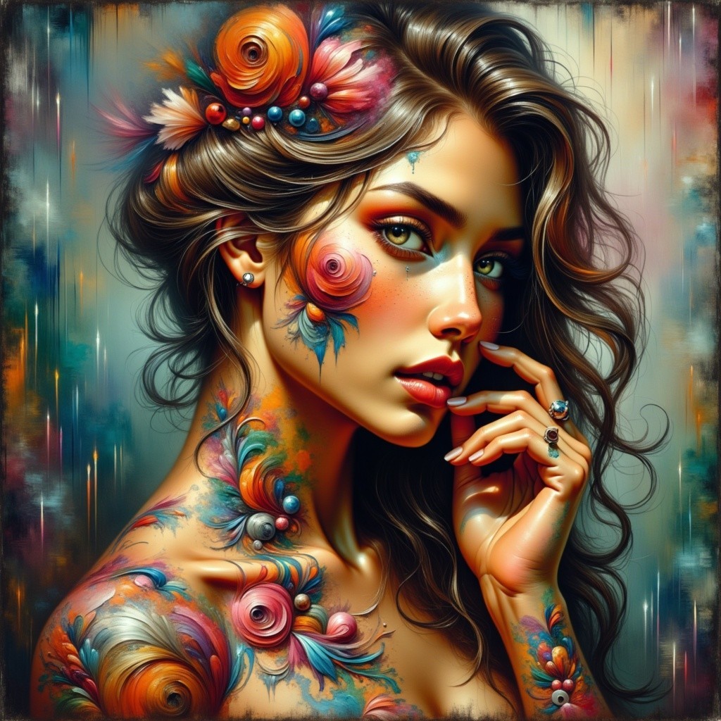Portrait of a Woman with Floral Body Art and Hair