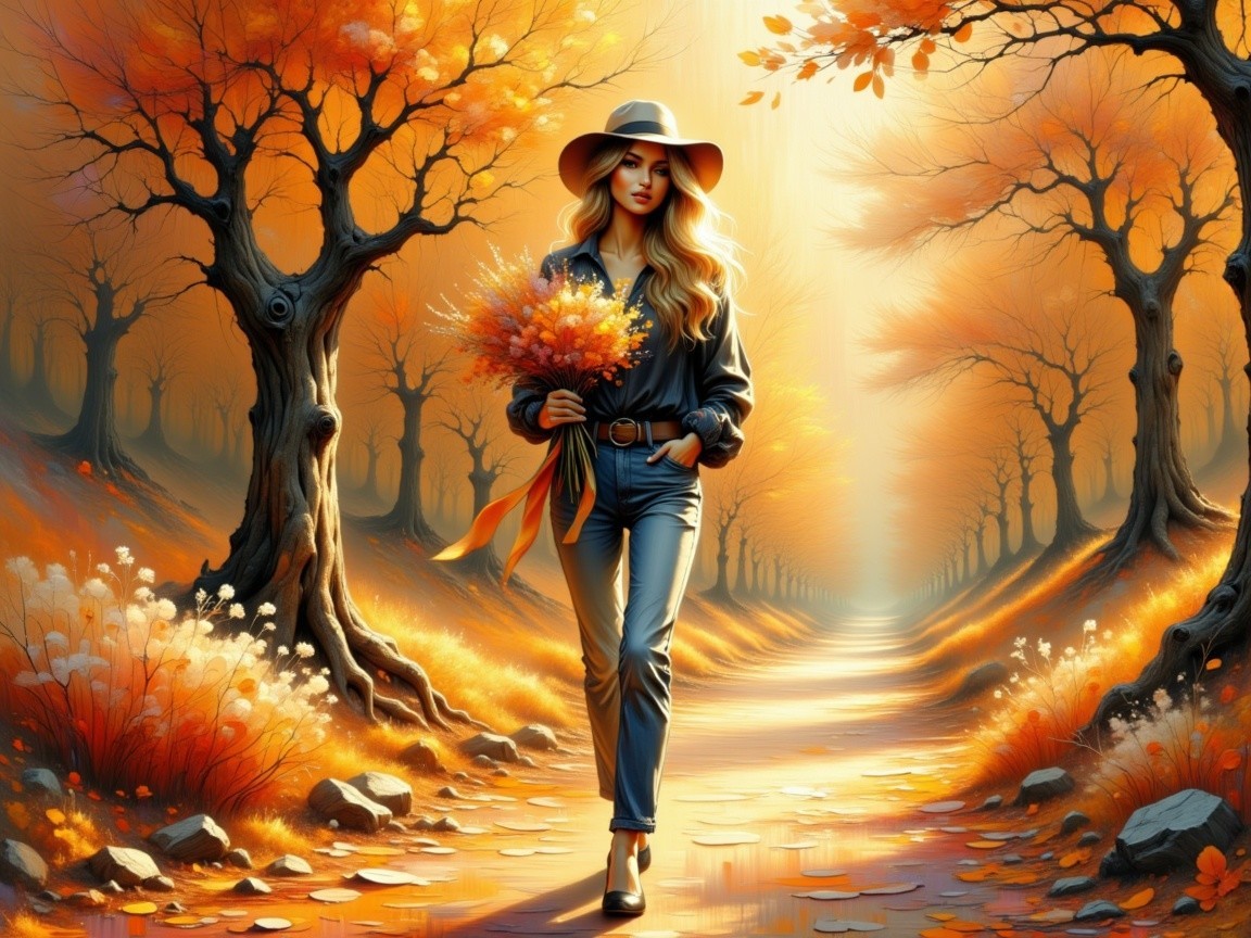 Woman in Blue Shirt with Bouquet on Sunlit Path