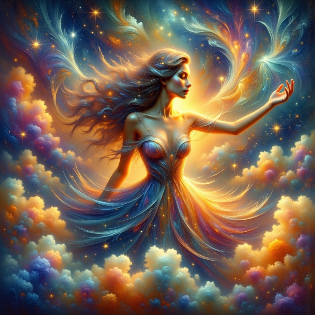 Cosmic Scene of Ethereal Woman in Vibrant Colors