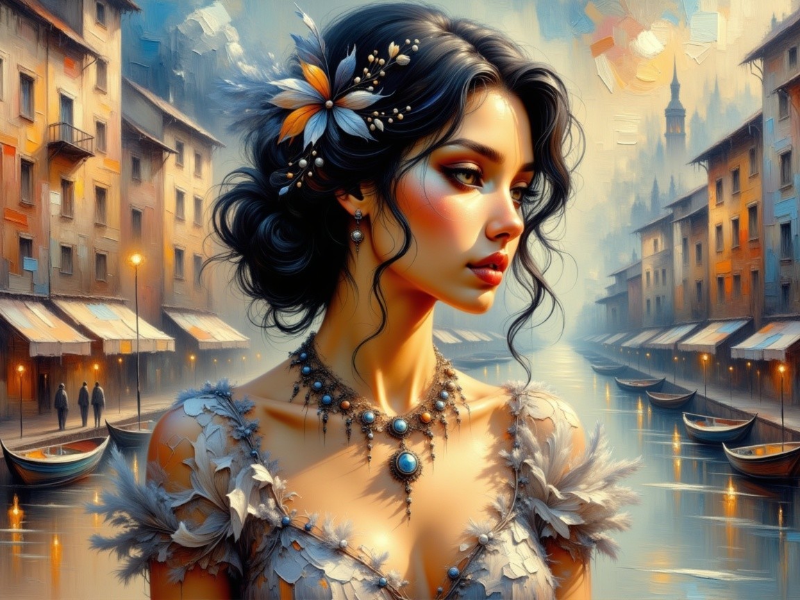 Young Woman in Elegant Dress by Serene Canal Scene