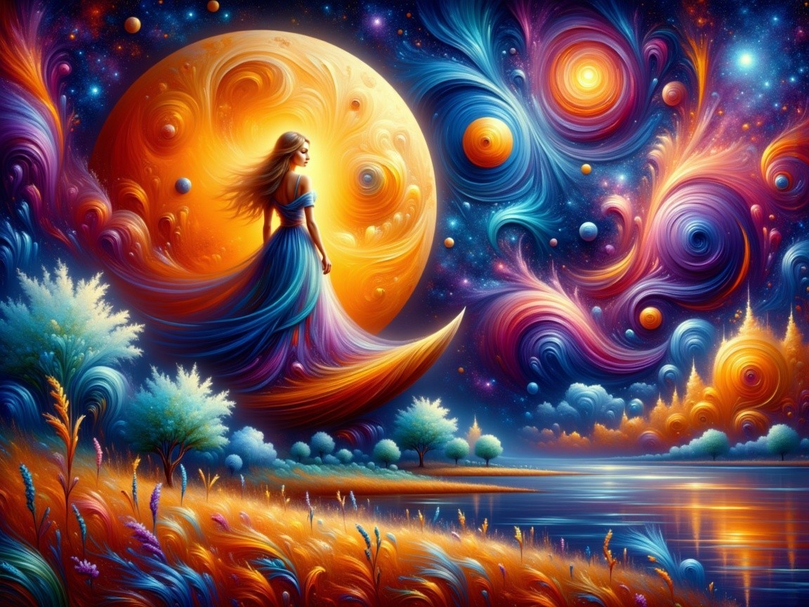 Surreal Landscape with Woman on Crescent Moon