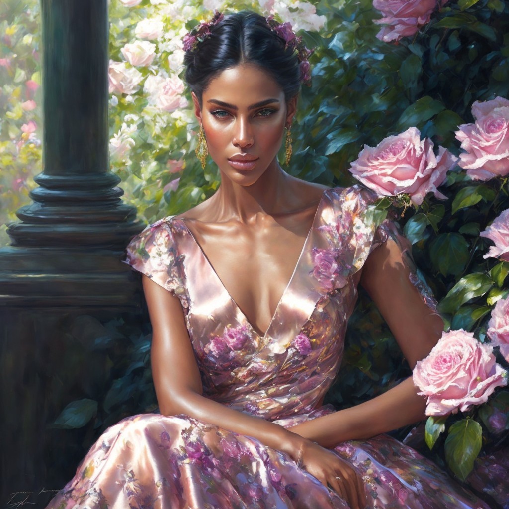 Woman in Floral Gown Surrounded by Blooming Roses