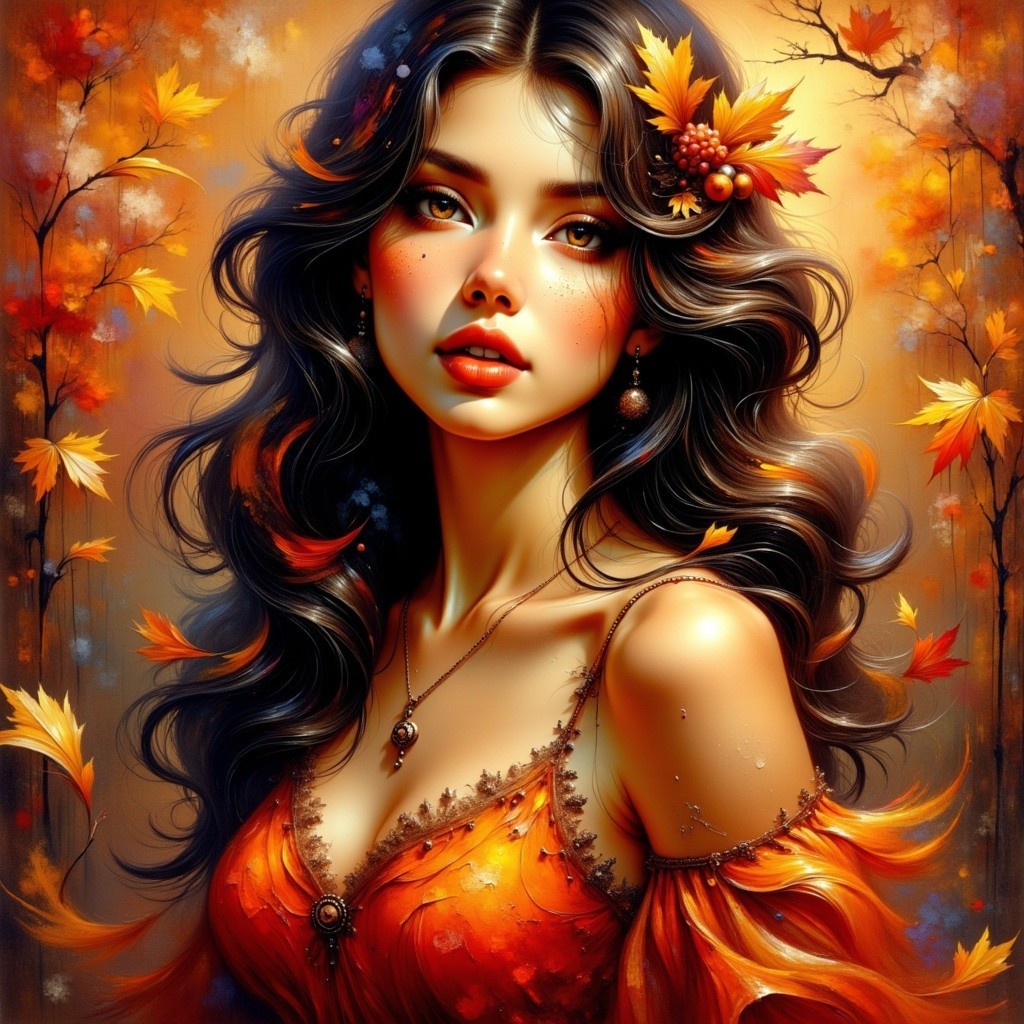 Woman in Orange Dress Surrounded by Autumn Colors