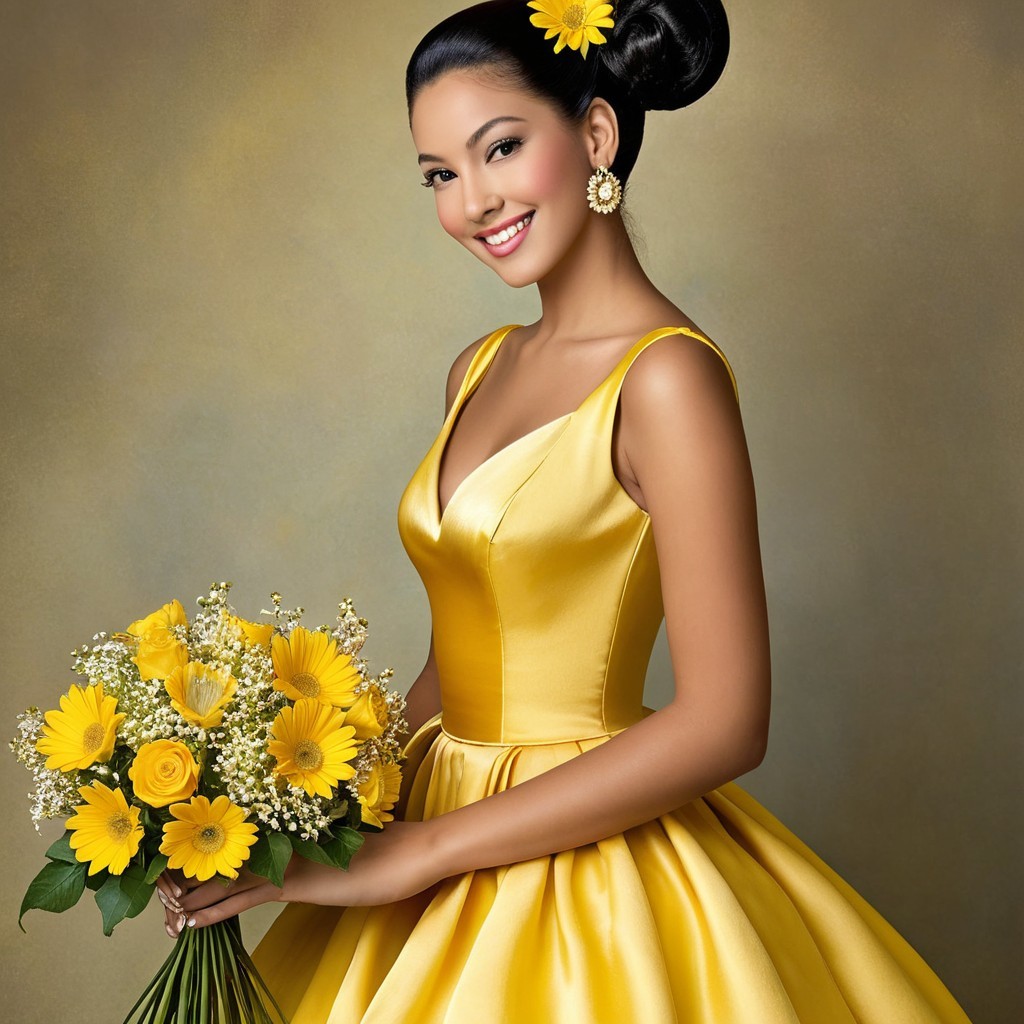 Radiant Woman in Yellow Gown with Vibrant Bouquet