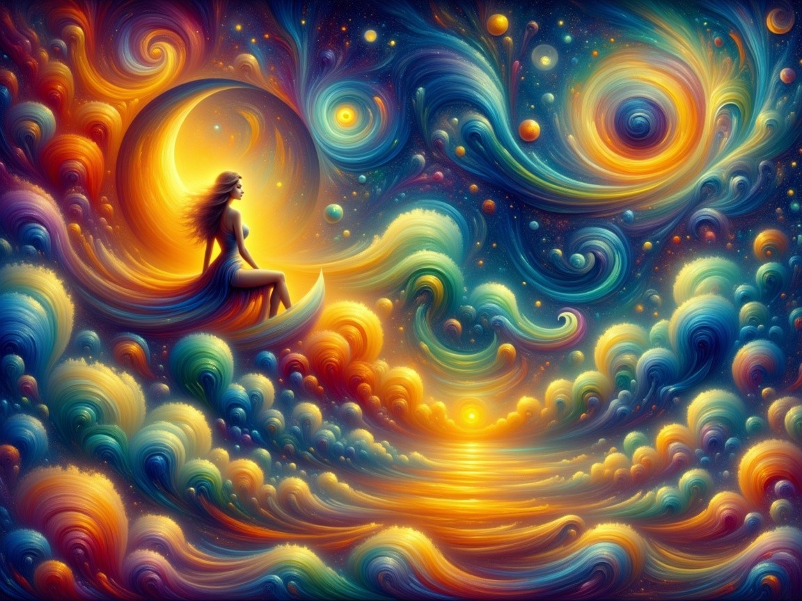 Cosmic Scene with Figure on Crescent Moon and Stars