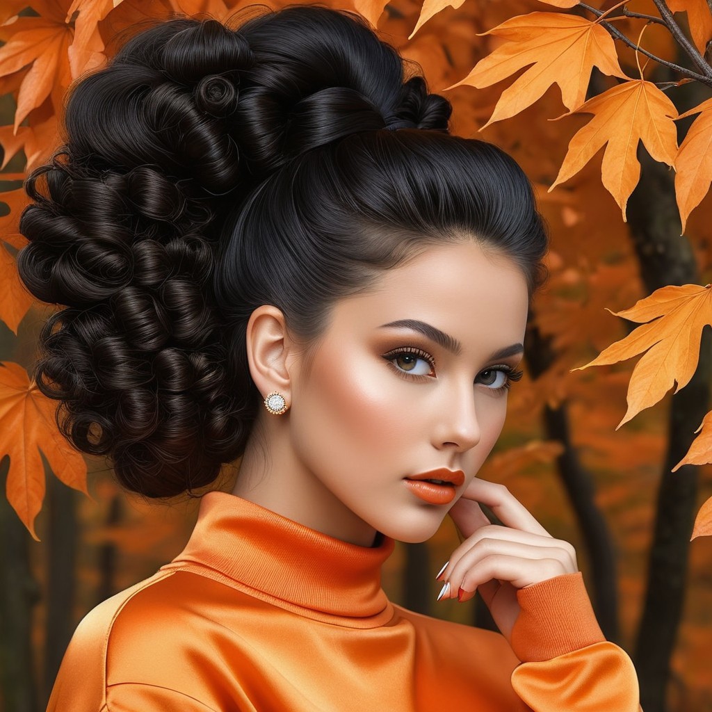 Glamorous Woman in Elegant Orange Turtleneck Amid Autumn