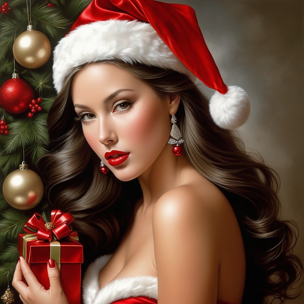 Woman in Santa hat with gift by decorated Christmas tree