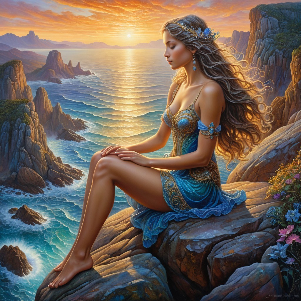 Serene Figure on Rocky Ledge at Sunset Over Ocean