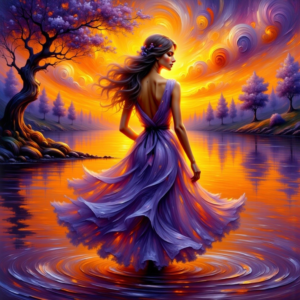 Woman in Purple Dress at Sunset by Tranquil Lake
